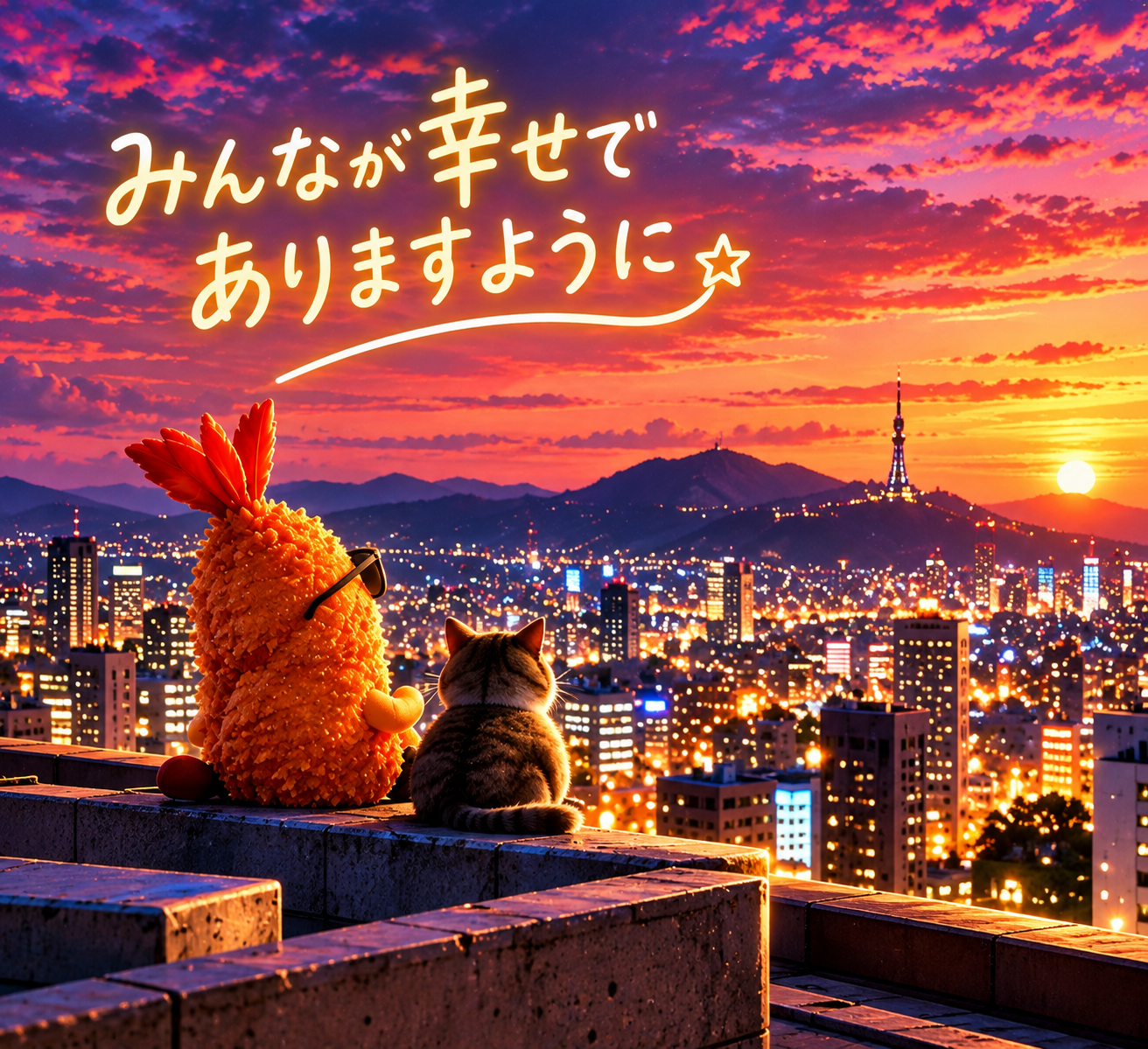 夕暮れの街を見つめる仲間たち