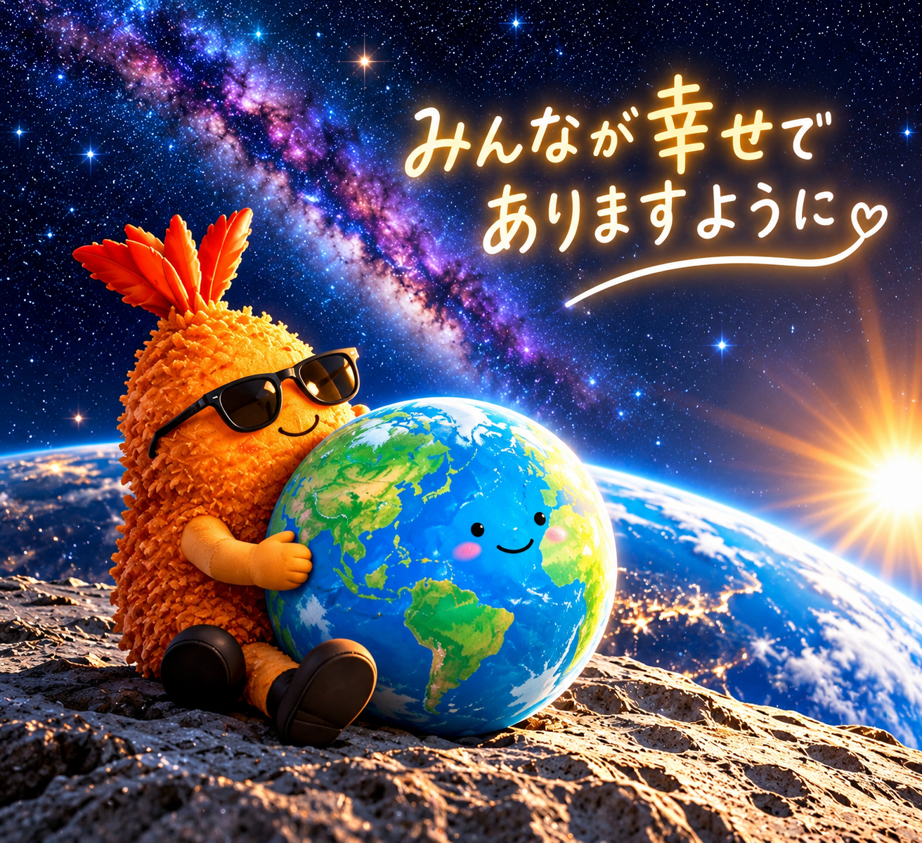 宇宙で地球を抱くエビマスコット