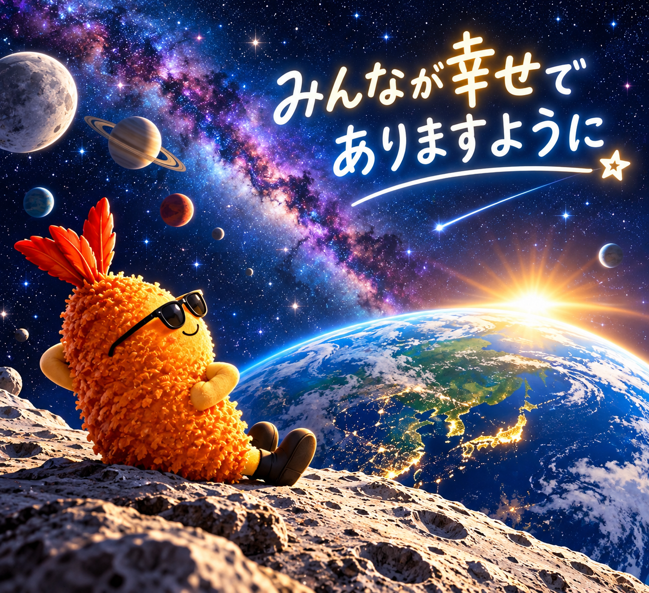 宇宙を眺めるエビフライと地球