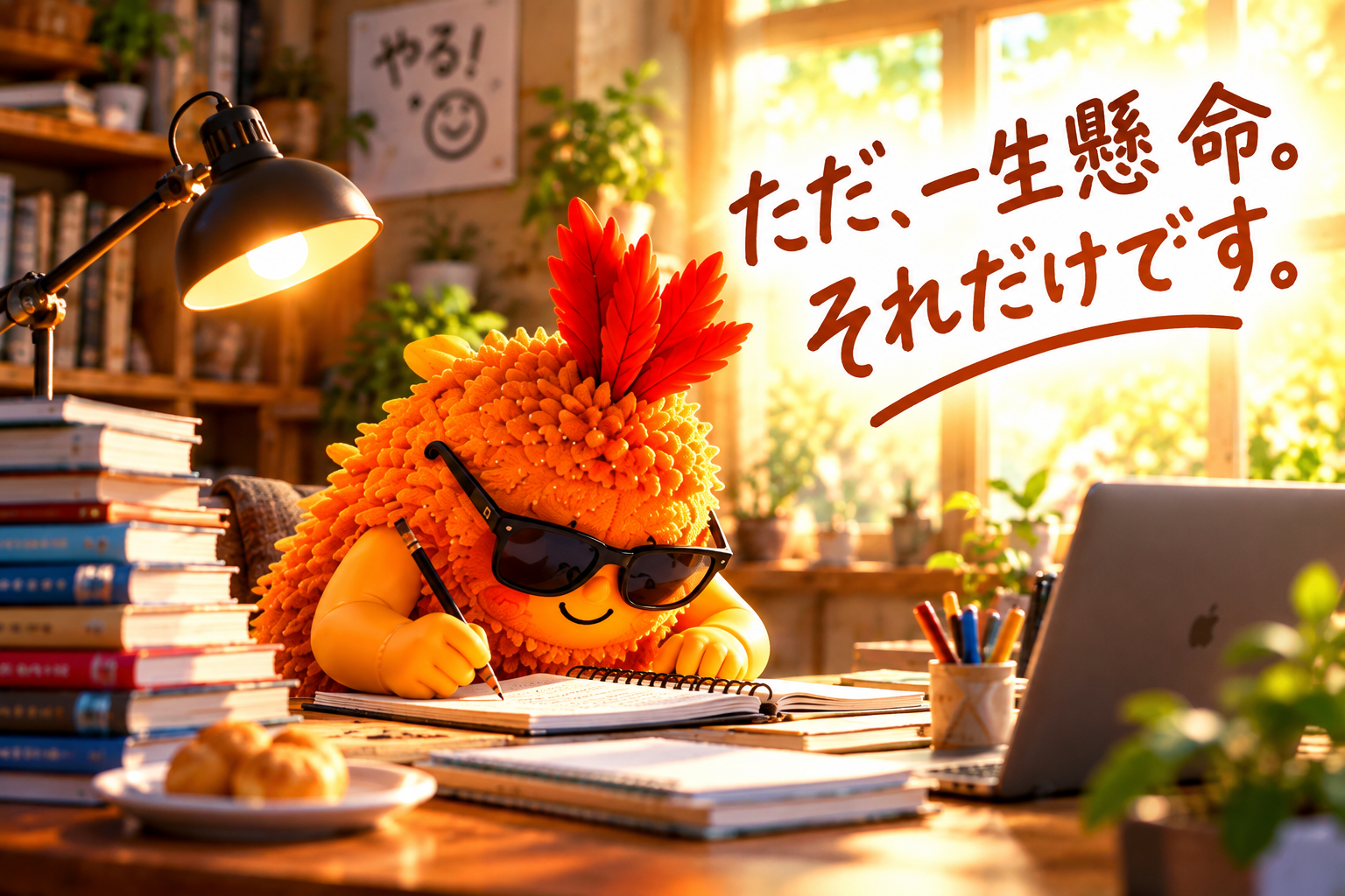 サングラスのマスコット、夢中の勉強時間