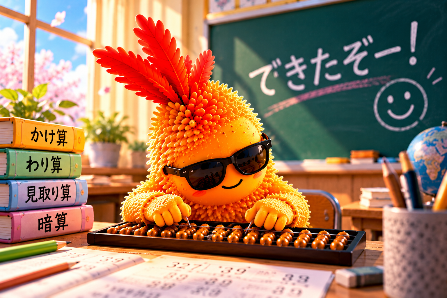 そろばんに挑戦するふわふわマスコット (1)